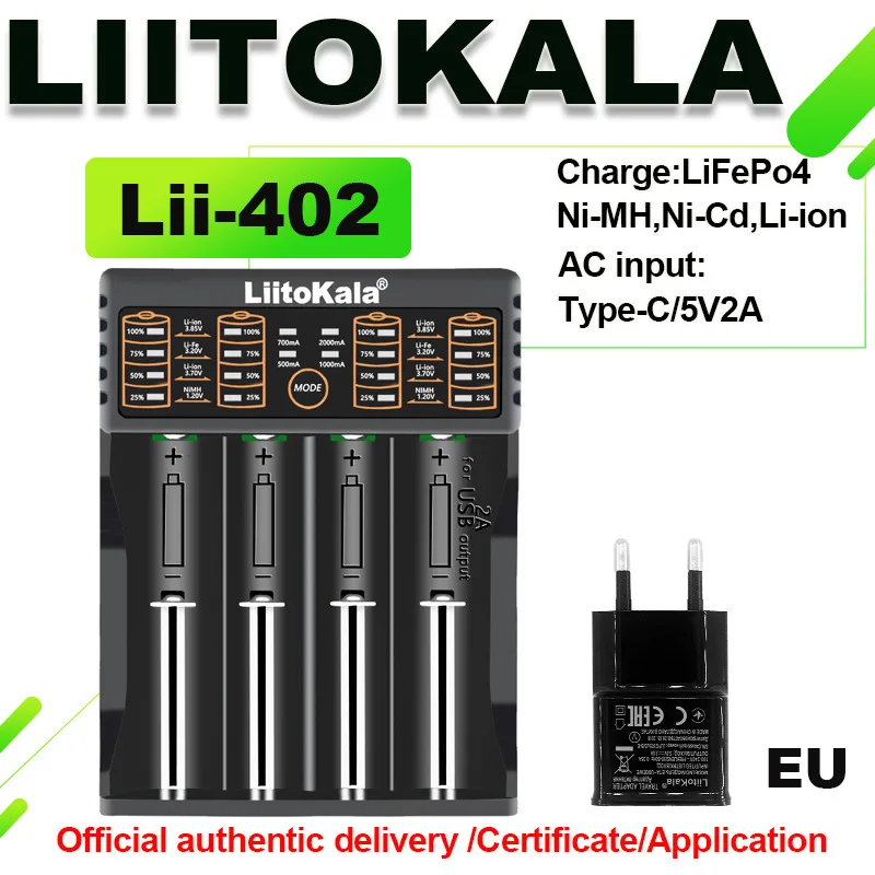 LiitoKala Lii-402 Universal Smart Battery Charger Compatible with Multiple Sizes Including 18650, 26650, 18500 Batteries