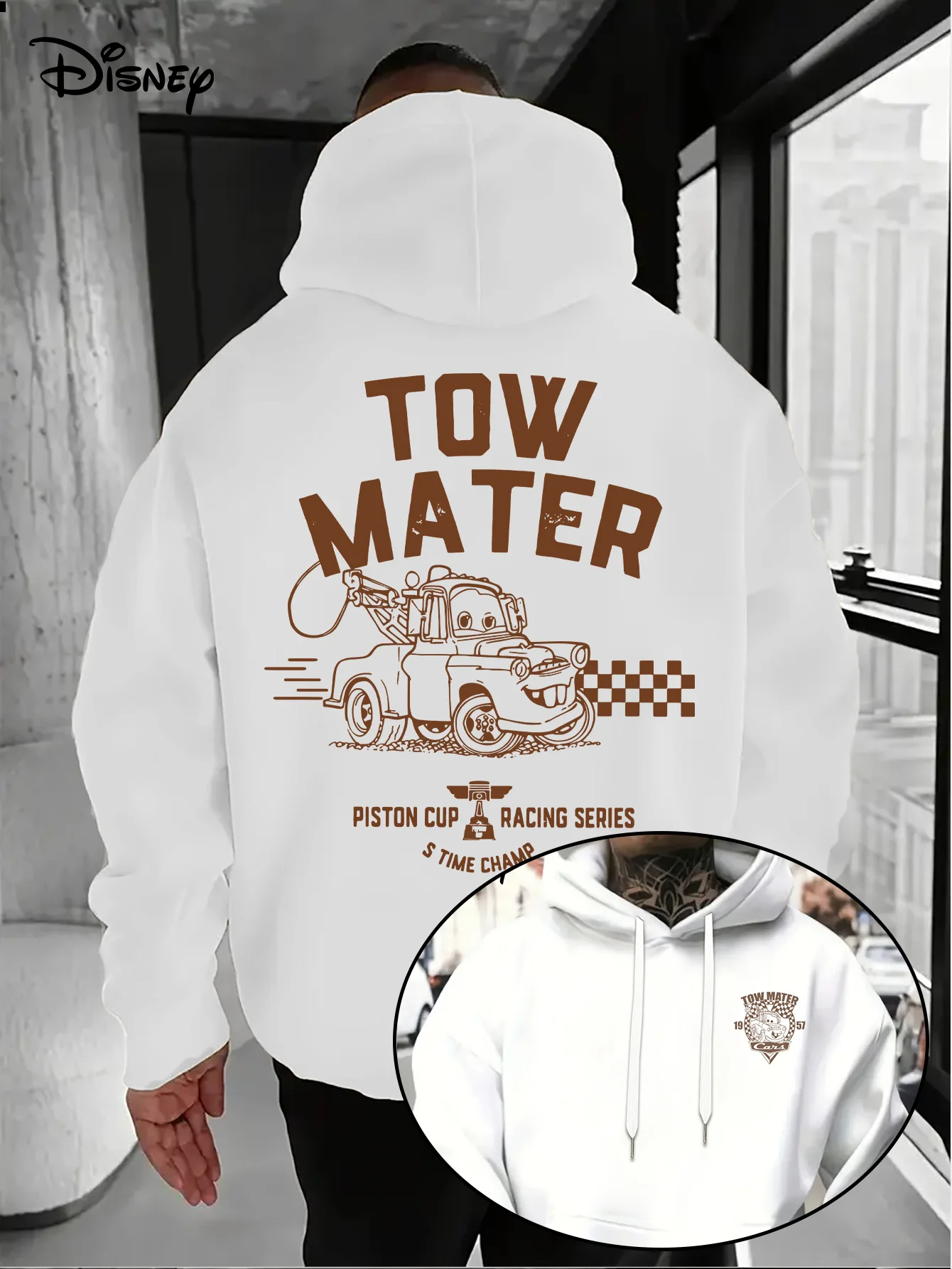 Disney Cars Kapuzenpullover aus blauer Baumwolle, Tow Mater-Charakterdruck mit karierter Flagge und Kolbenbecher-Design, langärmeliges, lässiges Sweatshirt