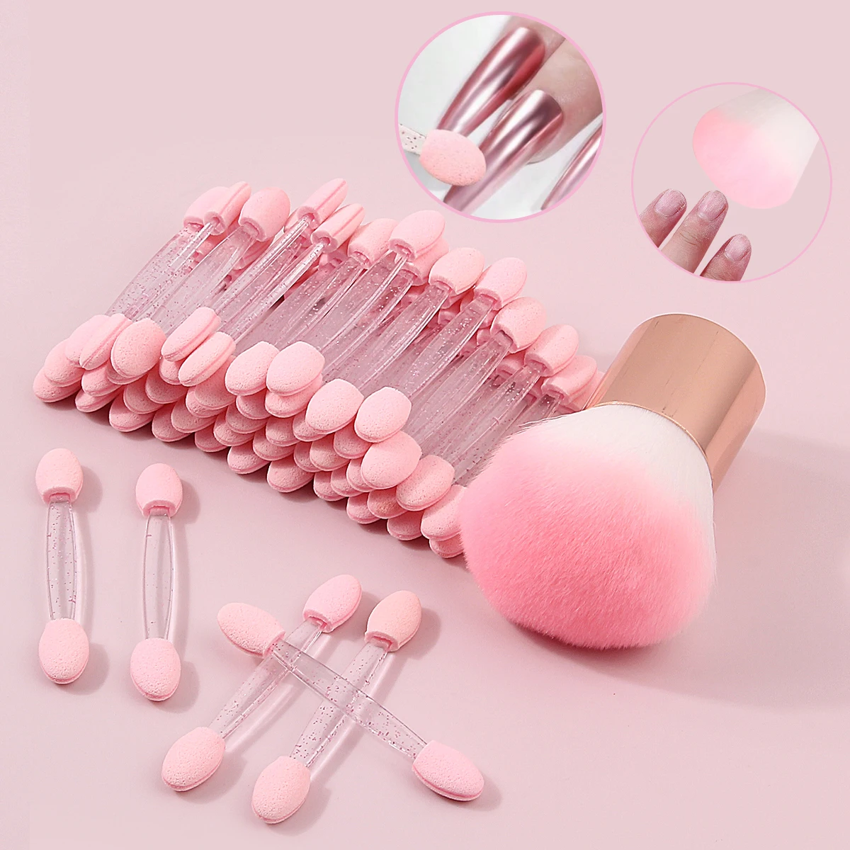Bastoncino in spugna rosa a doppia testa, pennello per specchio per manicure, pennello per polvere per manicure e pennello per trucco viso in stick per ombretto