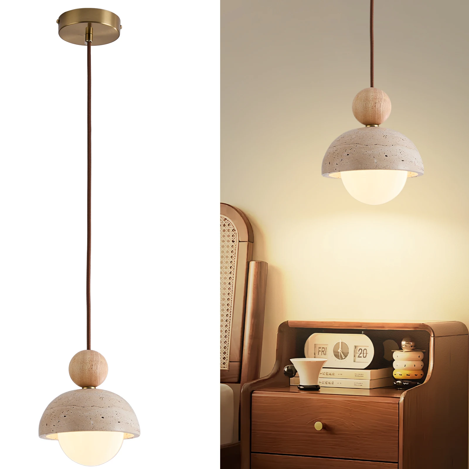 

Wabi Sabi G9 LED Pendant Lamp 3000K Travertine Lamp Dining Room Home Decor Handcrafted Yellow Travertine&Wood Ceiling Chandelier