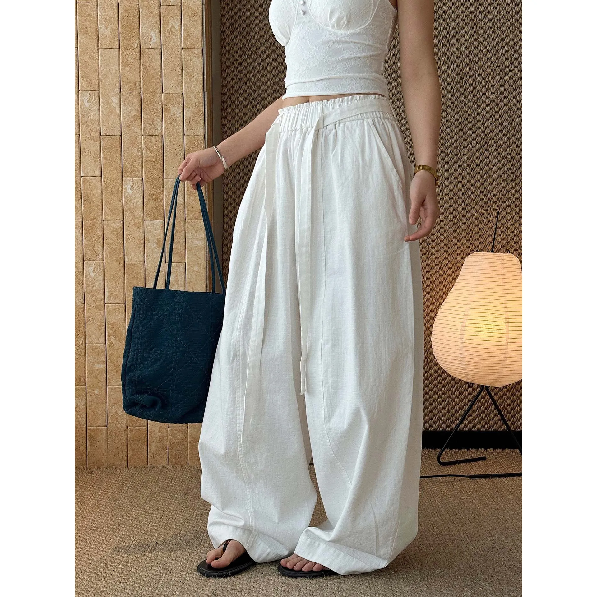 

100% Cotton Women Casual Stretch High Waist Autumn Long Pants Fashion White Wide Leg Pants Women Clothes Trousers