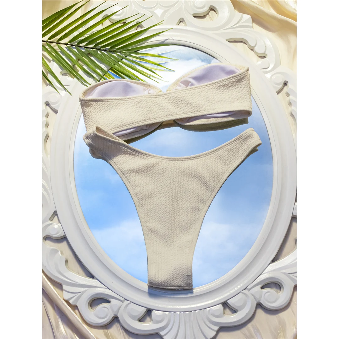 Gefalteter, geknitterter Bandeau-Brazilian-Bikini, Damen-Badeanzug, zweiteiliges Bikini-Set, Badebekleidung, Badeanzug, Schwimmbekleidung V6394 – Detail 8