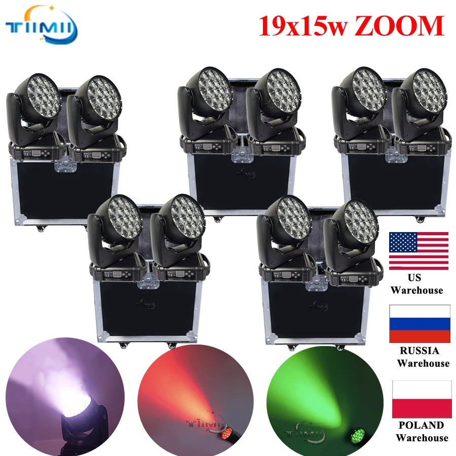 5Cases 10LED 19x15W RGBW Beam+Wash Zoom Moving Head Light DJ Stage Light Equipment Concert Productions Professionals Wedding