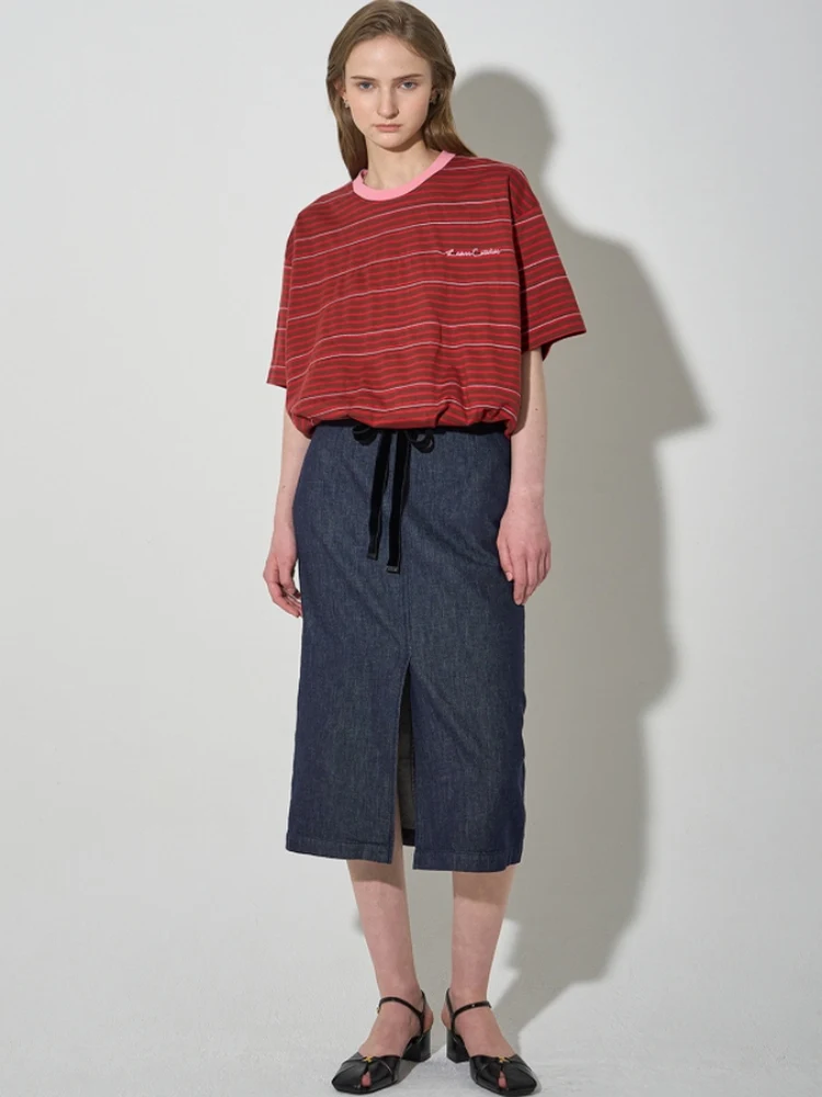

Casual Chic Korean Sle f-length Denim Skirt with Front Split And Belt for Women High-waist Cotton Straight-cut H-pe