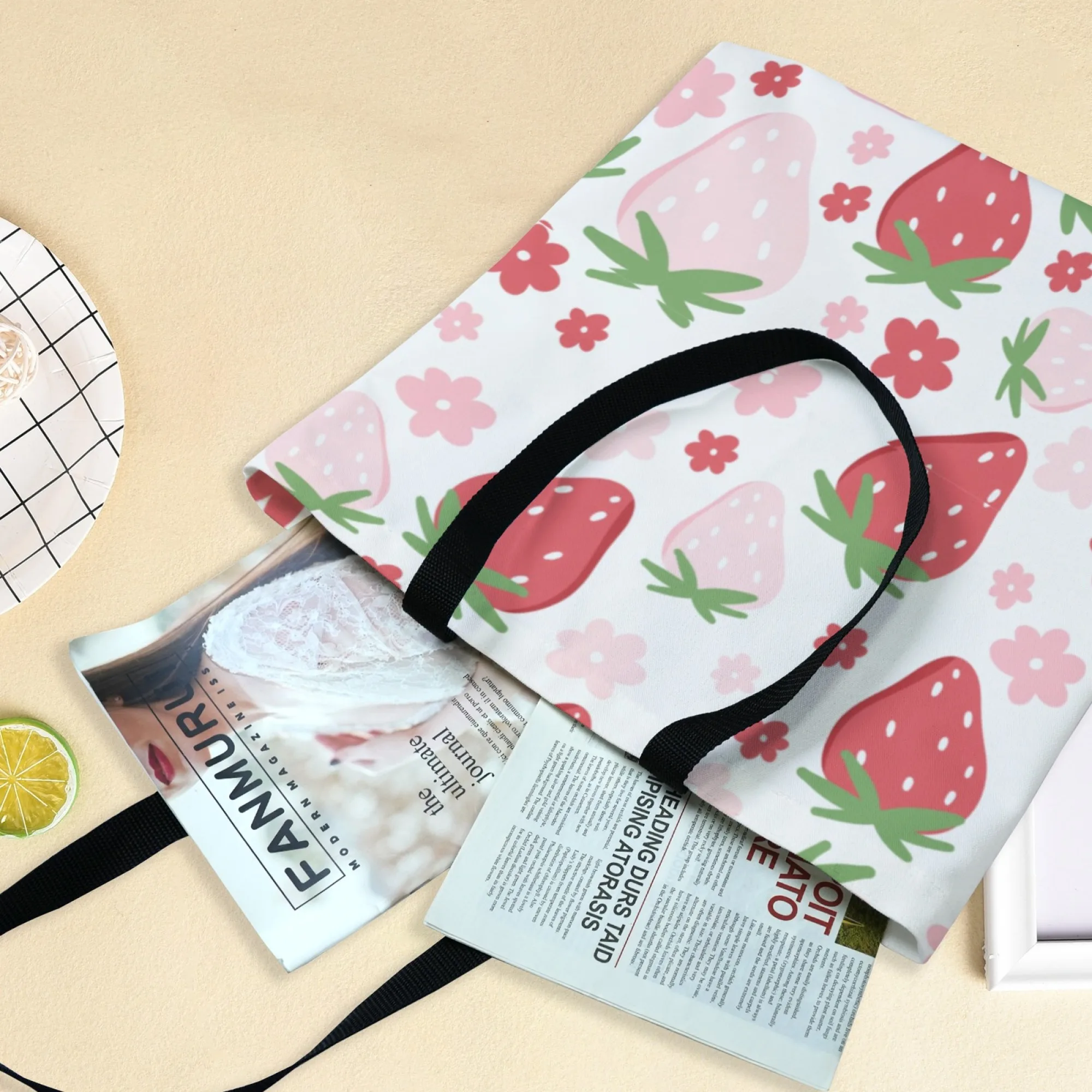 الفراولة الأزهار و Kawaii قماش المرأة حمل حقيبة الفاكهة زهرة موضوع حقيبة تسوق قابلة لإعادة الاستخدام مثالية للأغذية لطيف نمط المشجعين #5