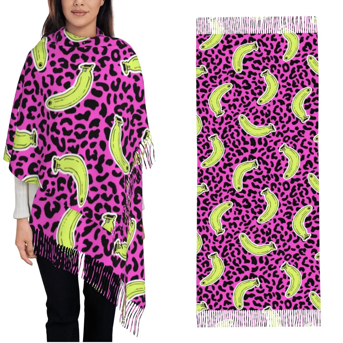 Cute Bananas On Leopard Print Shawl Wrap Women Warm Long Soft Scarf Pashmina Shawl Scarves