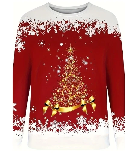 Women's Sweatershirt 2024 Autumn Winter Latest 3D Effect Christmas Tree Print Long Sleeves Top Round Neck Comfortable Pullover