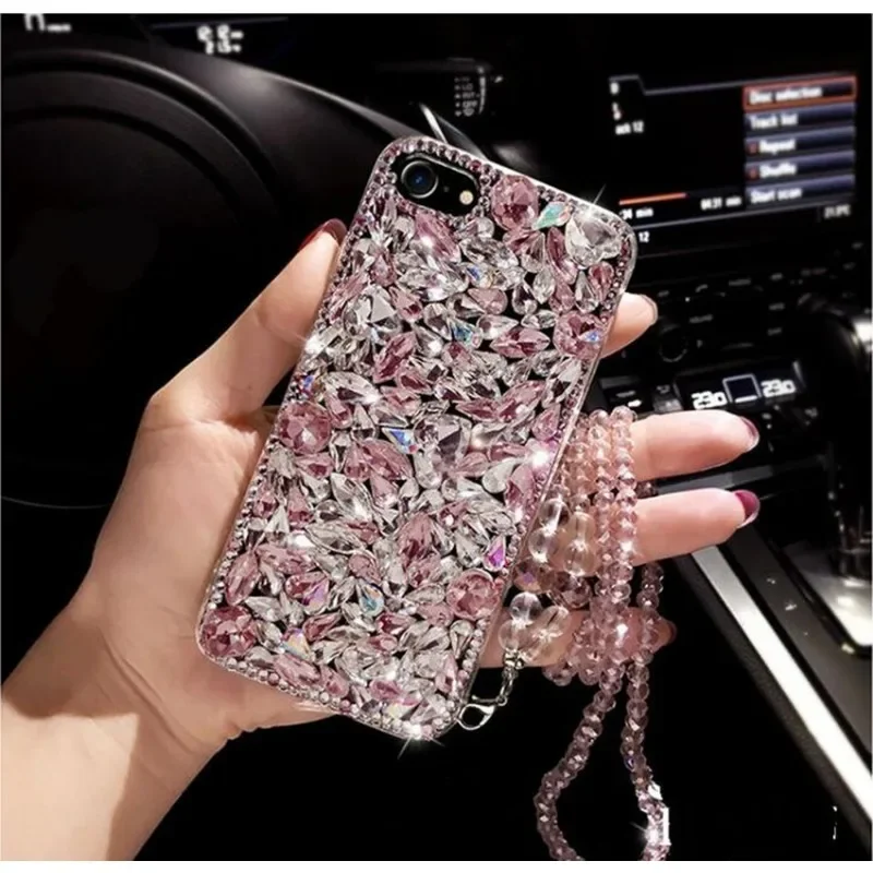 Diamond Glitter Rhinestones Case Cover, Long Chain Strap, Luxury, Cute, Fit for IPhone 15, 14, 11, 12, 13, 14Pro Max, 15Pro
