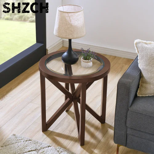Custom Tempered Glass Round Coffee Table, Wooden Frame, Modern Minimalist Design Living Room, Terrace, Study Coffee Table