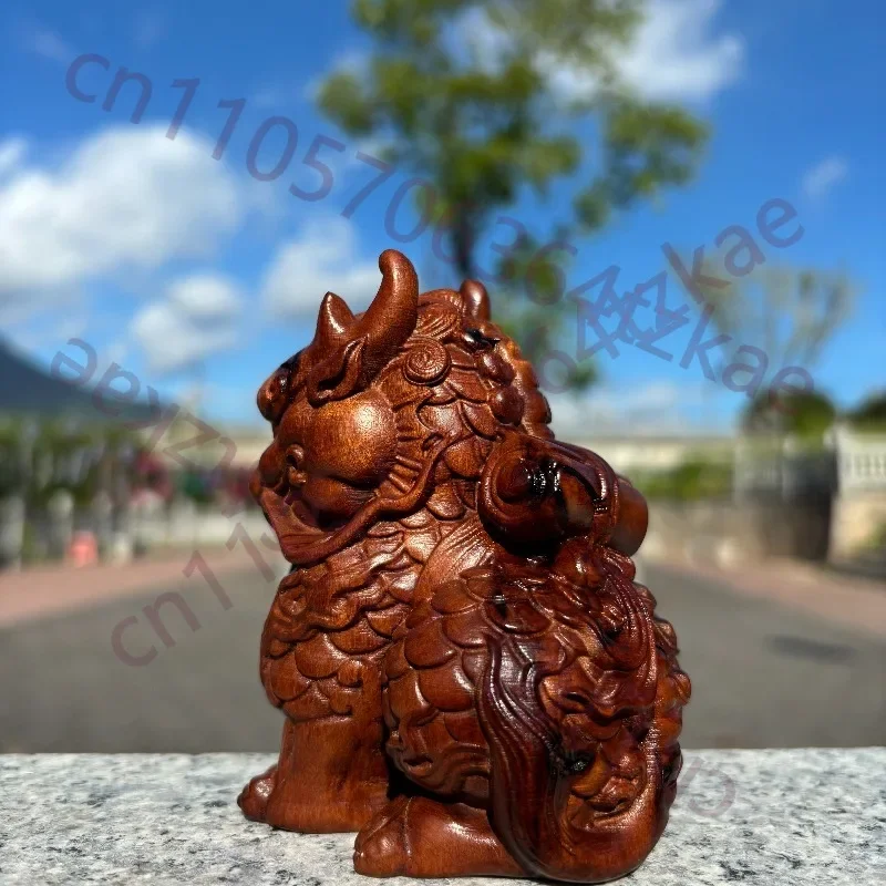 Hand-Carved Jujube Wood Kirin Statue - 3.9