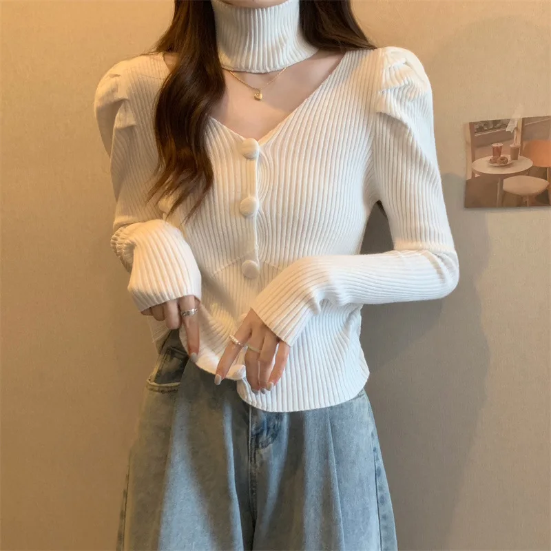 Spring and Autumn Women\'s V-neck Knitted Sweater Long Sleeved Shirt Halter Gentle and Fashionable Style Short Coat Top