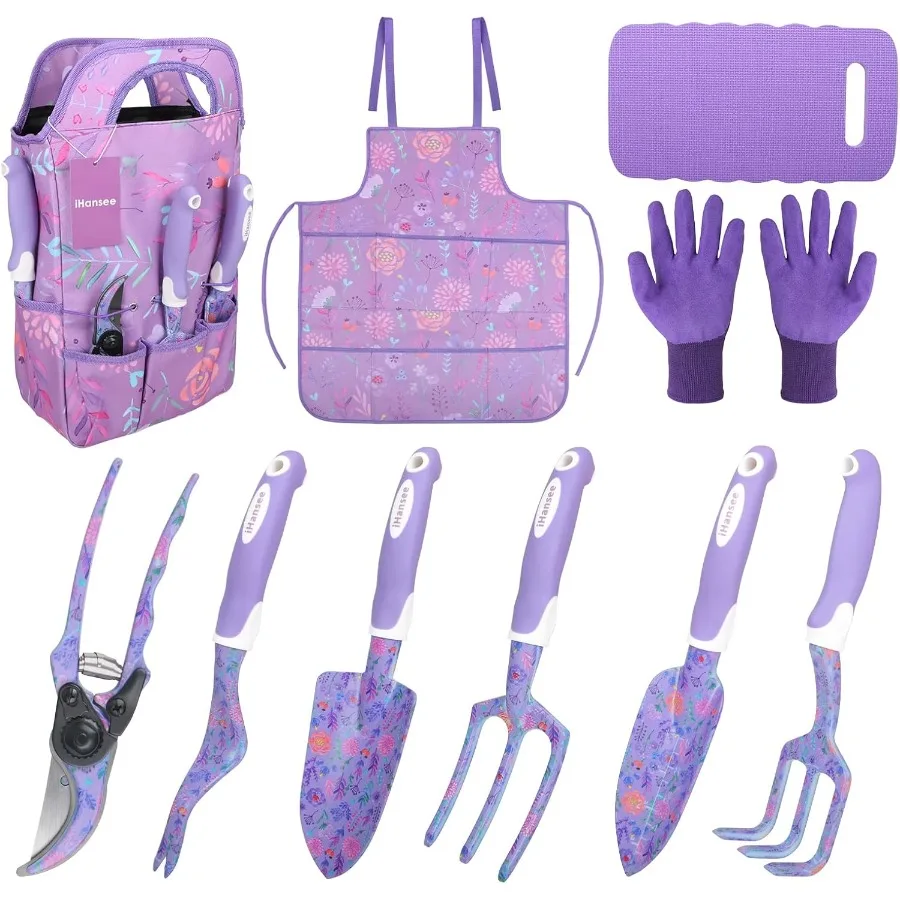 

10 шт., ручные инструменты из алюминиевого сплава и стали с нескользящей эргономичной ручкой для садоводства, цветочный принт, садовые принадлежности, органайзер, ручной