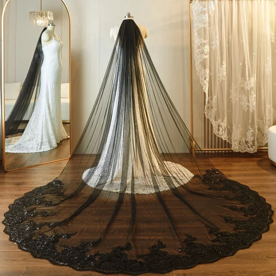 

Black Cathedral Wedding Veil Lace Appliques 3*3M Bride Veils Accessories Complementos De Boda Velo De Novia
