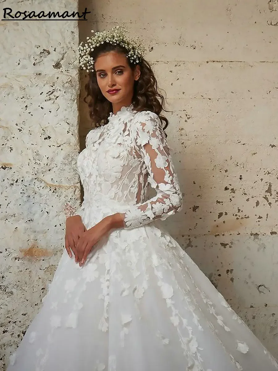 Robes de mariée A-ligne en dentelle vintage avec appliques à col haut, manches longues, dos nu, Boho Country Patients, quoi que ce soit