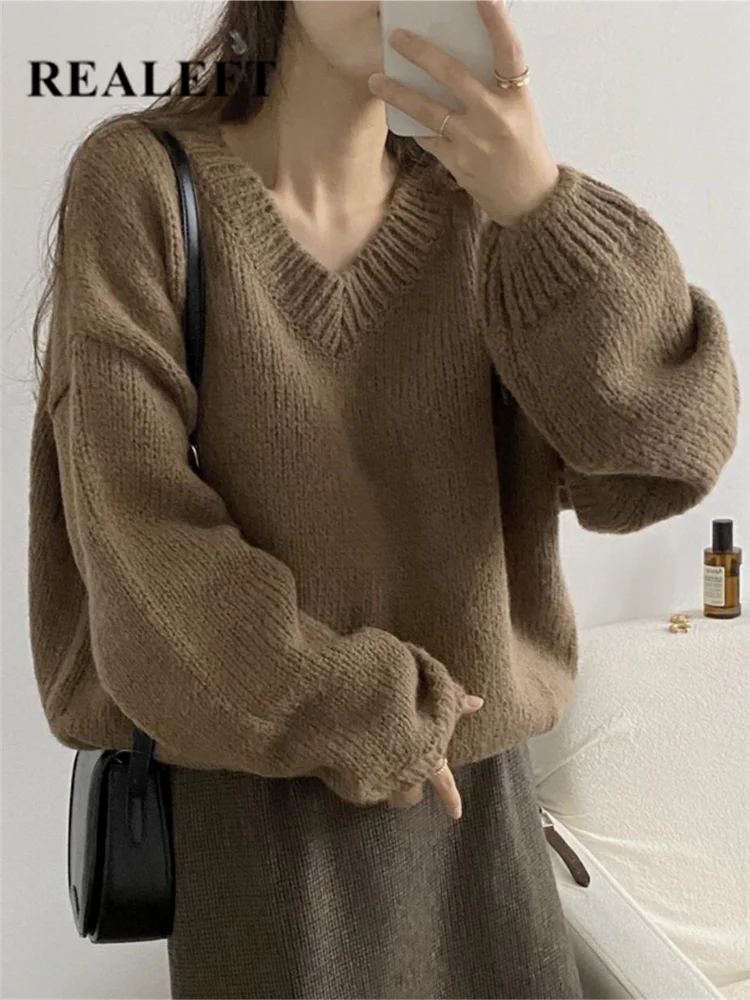 

REALEFT Autumn Winter Puff Sleeve Women's Loose Sweater 2022 New Casual V-Neck Sweaters Solid Ladies Knitted Pullover Female