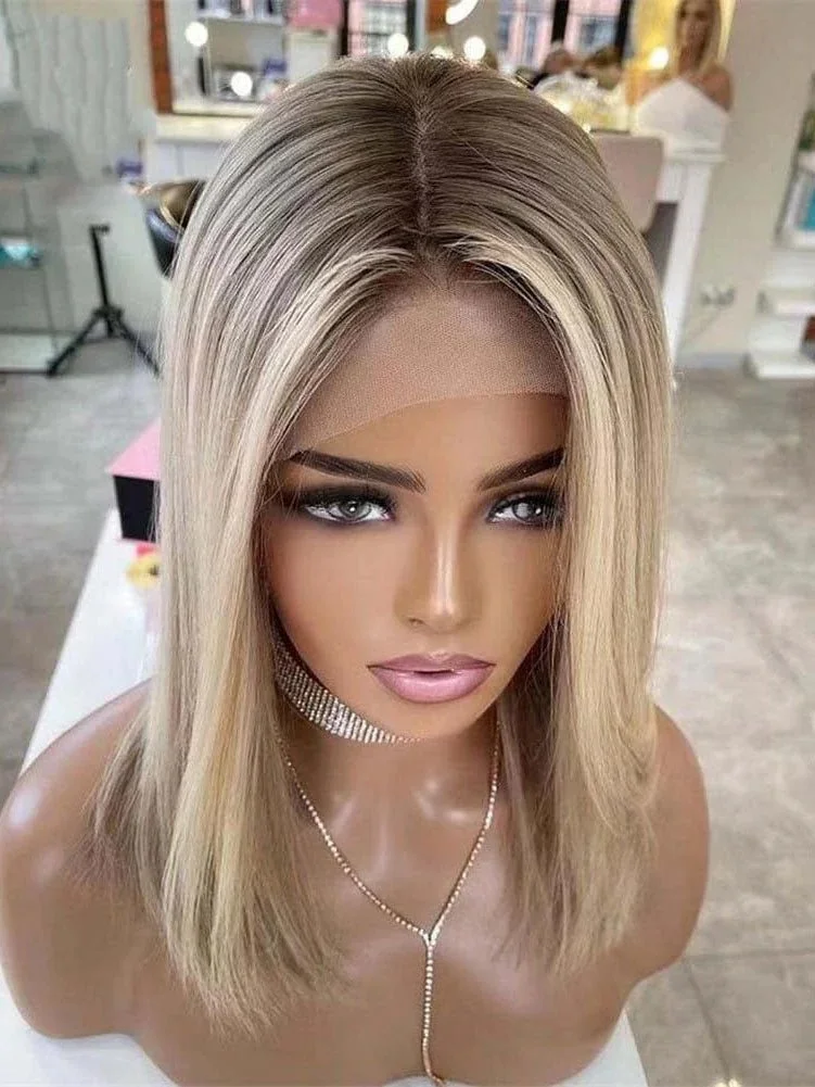 10“ Bob Straight Balayage Hair For Women Free Parting Light Blonde Ombre Warm Wigs High Quality Synthetic Lace Wig Gift For Her