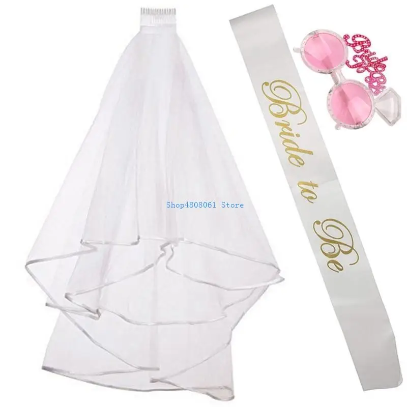 

T3LC 3pcs Valentines Bride Veil with Sunglasses&Ribbon Sash Set for Bride Woman