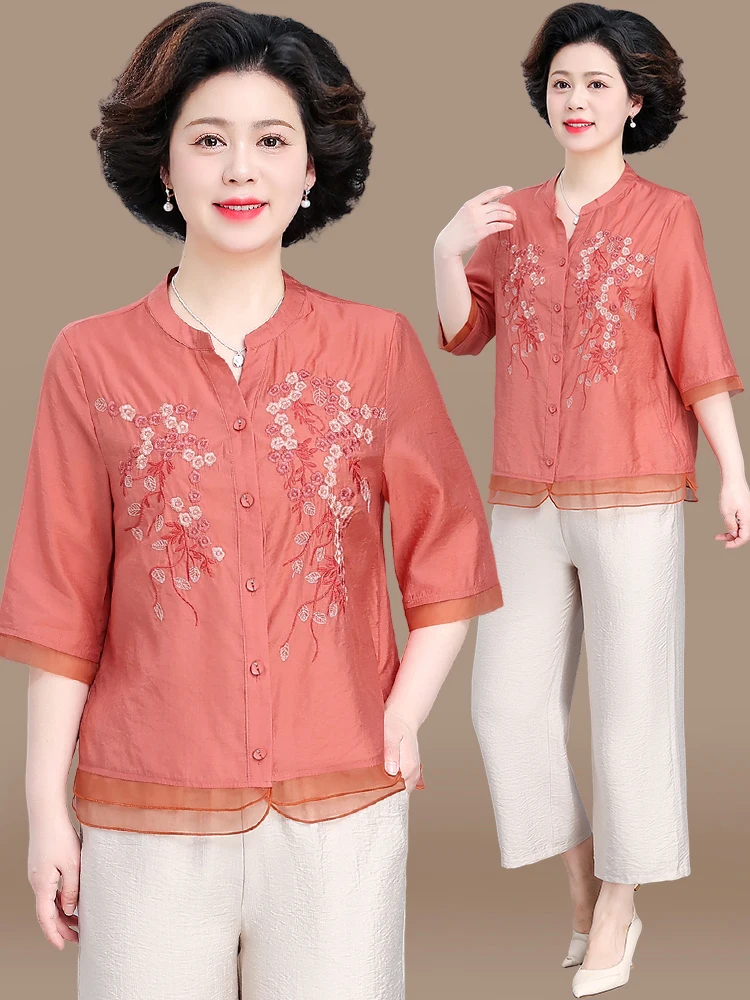 

Летний модный комплект из хлопка и льна: футболка и топ для женщин среднего и старшего возраста с V-образным вырезом