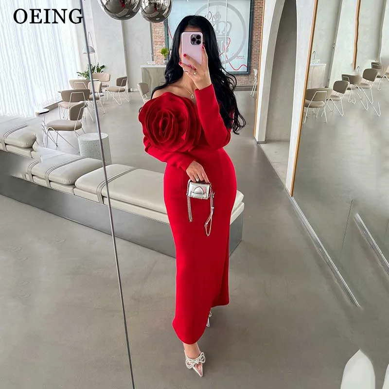 OEING Red Prom Dresses Off Shoulder 3D Flower Long Sleeves Evening Dress Tea Length Formal Occasion Gown Vestidos De Noche Gala