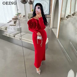 OEING Red Prom Dresses Off Shoulder 3D Flower Long Sleeves Evening Dress Tea Length Formal Gown Vestidos De Noche Customized