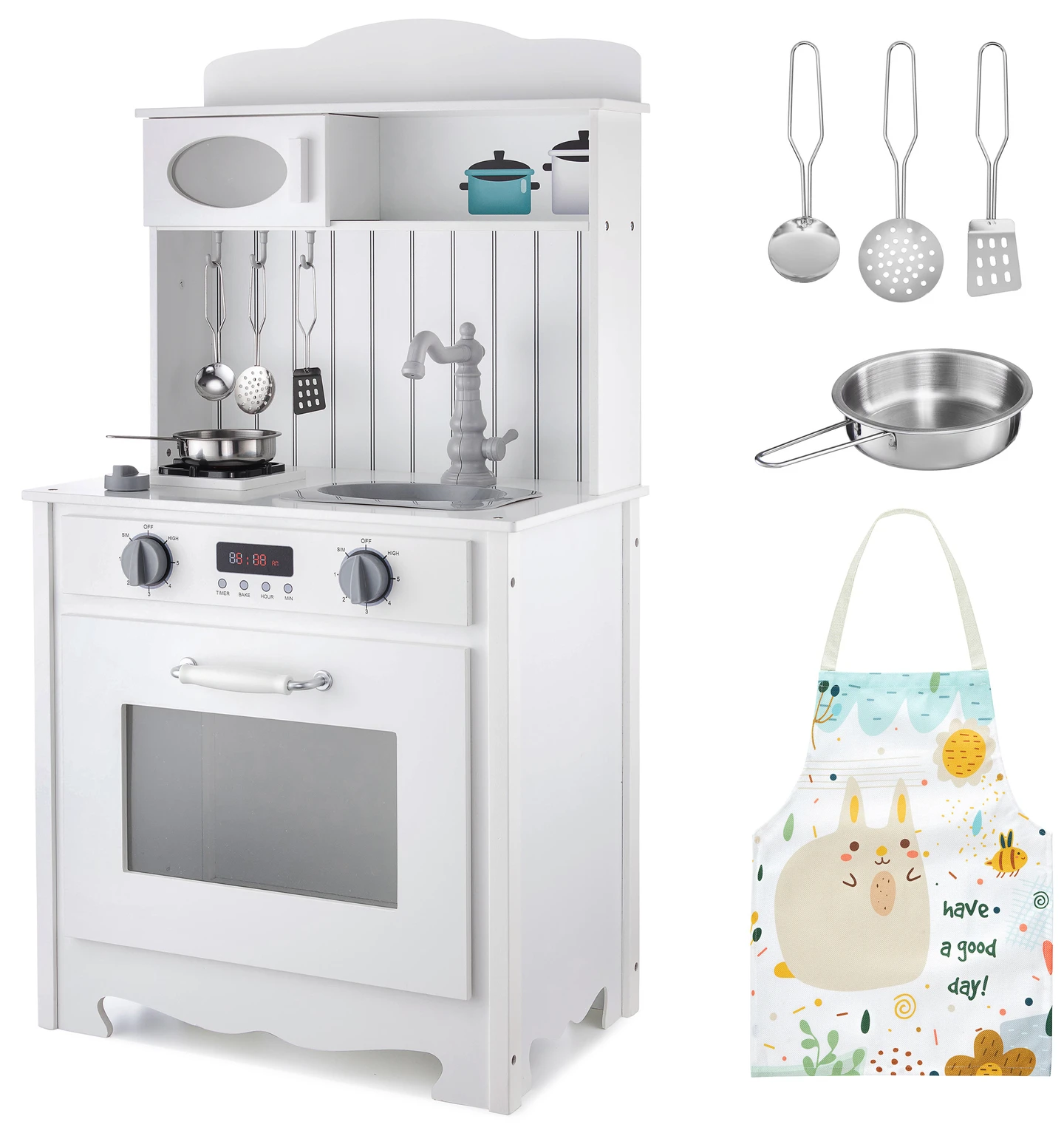 Mamabrum witte houten kinderkookset met accessoires, schort en ledverlichting, een educatief Montessori-speelgoed voor kinderen vanaf 3 jaar.