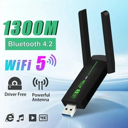 Adapter USB 3.0 WiFi 1300 mb/s karta sieciowa dwuzakresowy 2.4G/5GHz Bluetooth 4.2 bezprzewodowy odbiornik nadajnik do komputera stacjonarnego Laptop PC