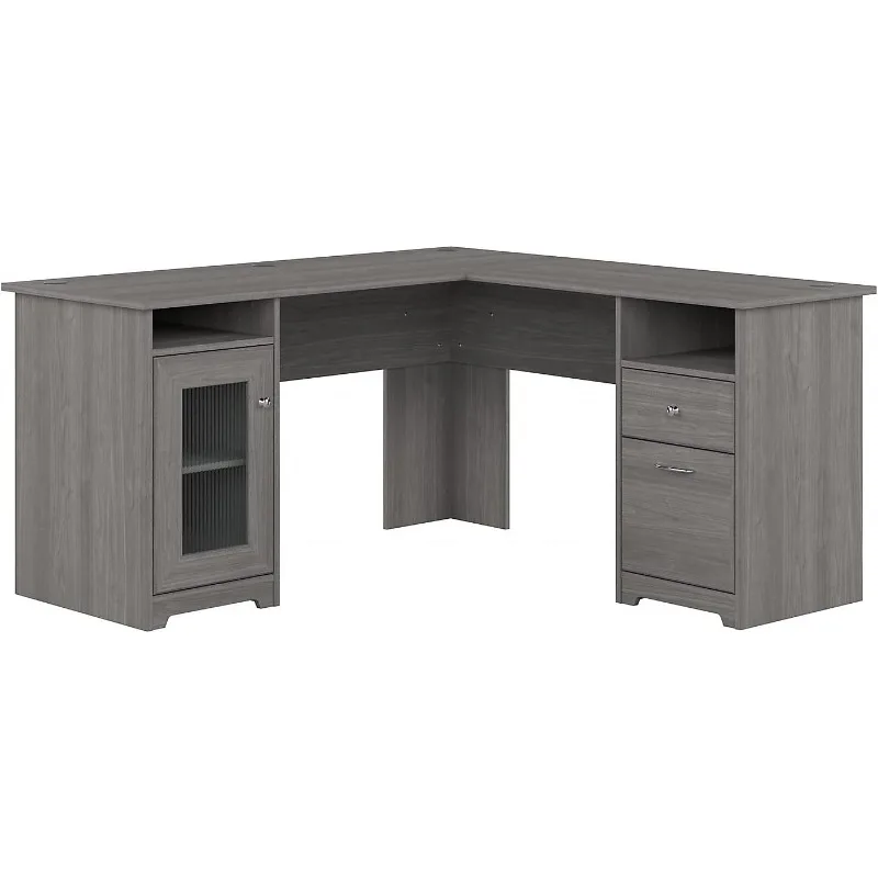 Furniture Cabot L Shaped Computer Desk in Modern Gray | Corner Table with Drawers and Storage for Personal Home Office Workspace