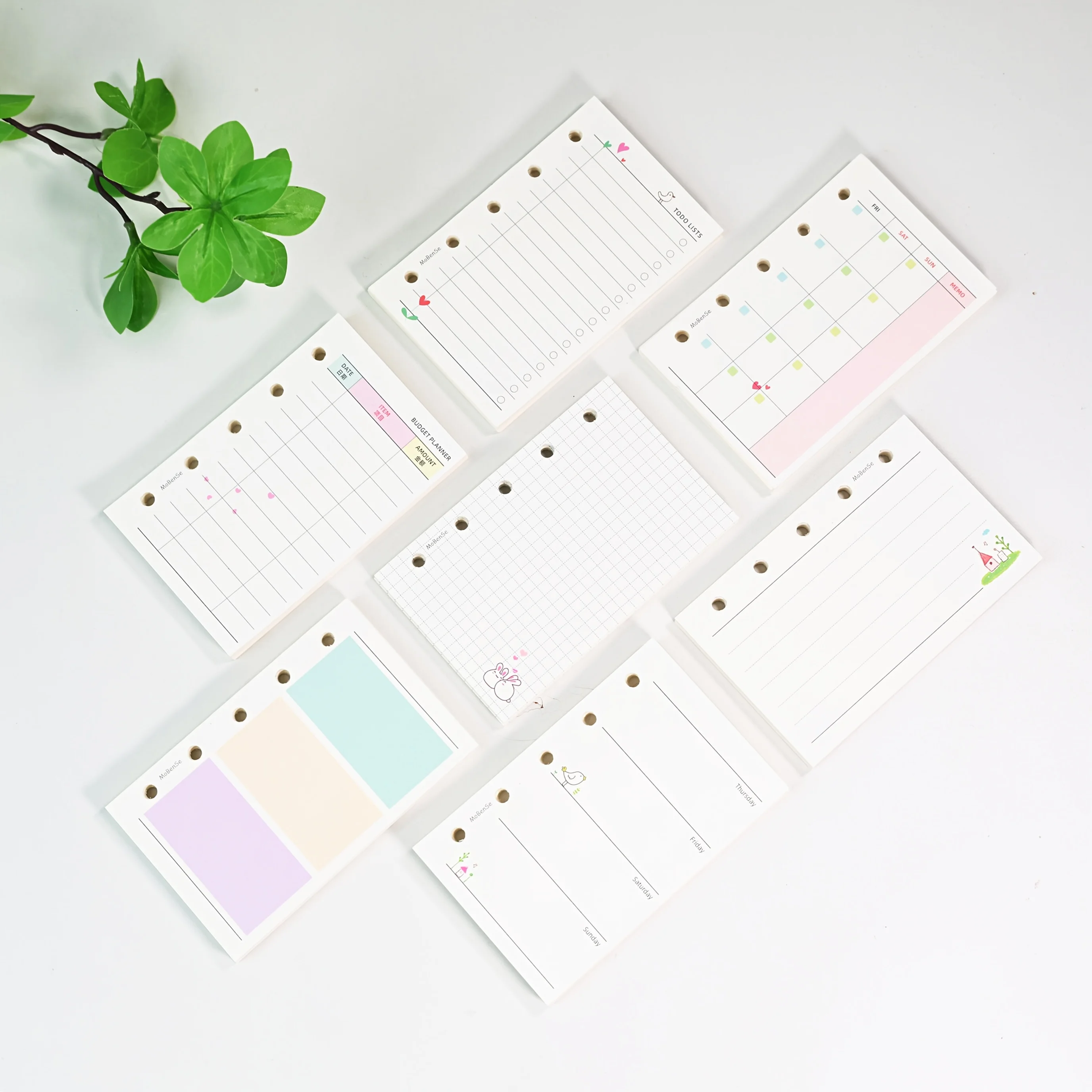5-Hole Mini Loose Leaf Refill Paper, Cute Cartoon Planner Inserts, Weekly Daily Budget Grid Refills for M5 Pocket Binder Journal