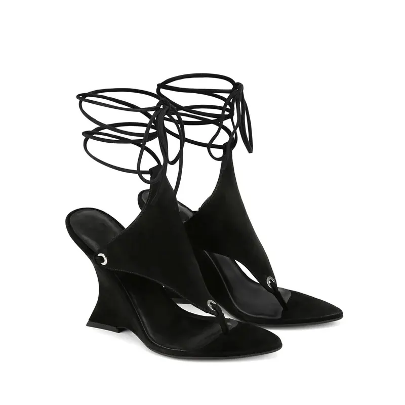 

New Women's Black Suede Lace-Up Heeled Sandals Pointed Toe Ankle Tie Party Dress Shoes Fashion High Heels Sandalias Mujer