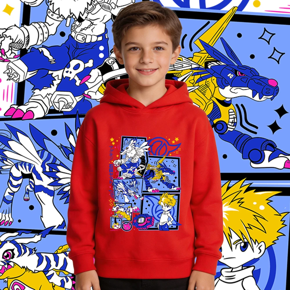 Digimon Ishida Yamato x Gabumon Anime Print Hoodie for Boys Girls Fleece Lined Warm Autumn Winter Kids Casual Pullover
