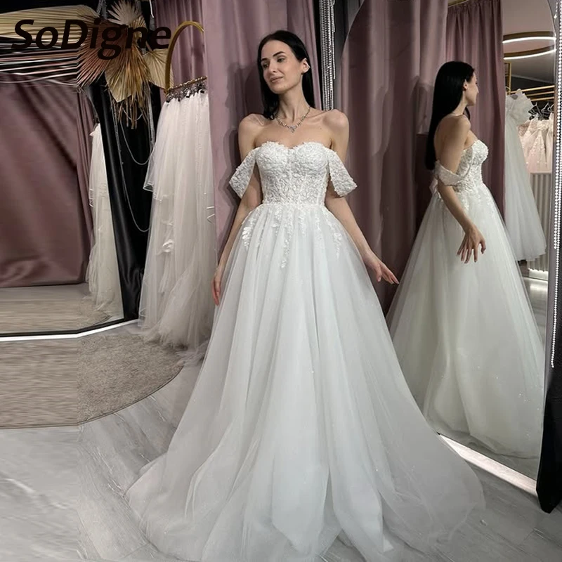 

SoDigne A-line Tulle Lace Appliques Bride Dresses Sweetheart Off Shoulder Wedding Dress Long Beach Bridal Gowns Customized