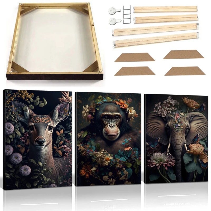 Jungle Animals Poster with Frame Flower Chimpanzee Gorilla Snowy Fox Giraffe Canvas Art Painting Wall Picture Living Room Decor