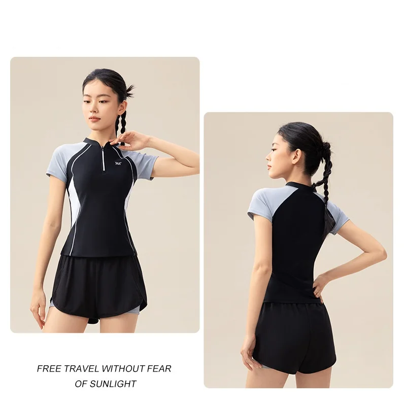 361Women Short Sleeve WaterProof Sports Beach Surfing Swim Shirt+Trunks 2Pcs Quick-Dry Athletic Bathing Push Up Swim Rash Guard