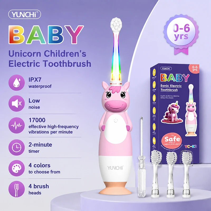 Yunchi K3 Children's Electric Toothbrush Colorful Light 2-Minute Timer with Low Noise 2 Modes of Waterproof Cleaning for Teeth