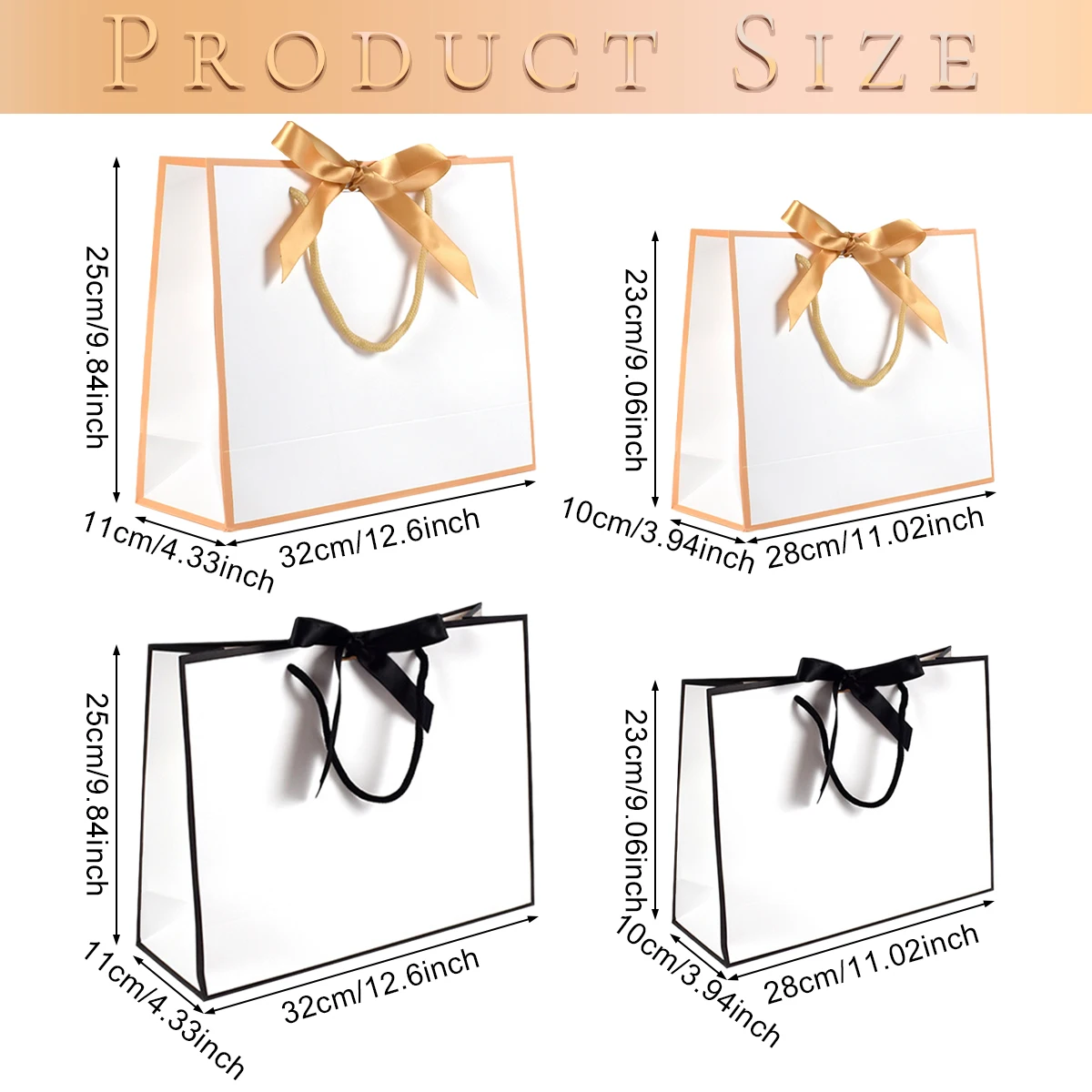 5Pcs Elegant Gift Bags with Ribbons Black Gold Edge Present Bag with Handle Multisize Goodie Wrapping Box for Christmas Wedding