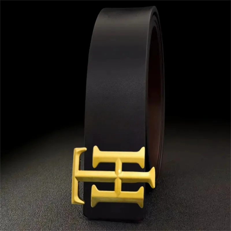 2025 New Men's Genuine Leather Belt Smooth Buckle with Letter Design Adjustable Waist Strap for Business Casual Jeans Trousers