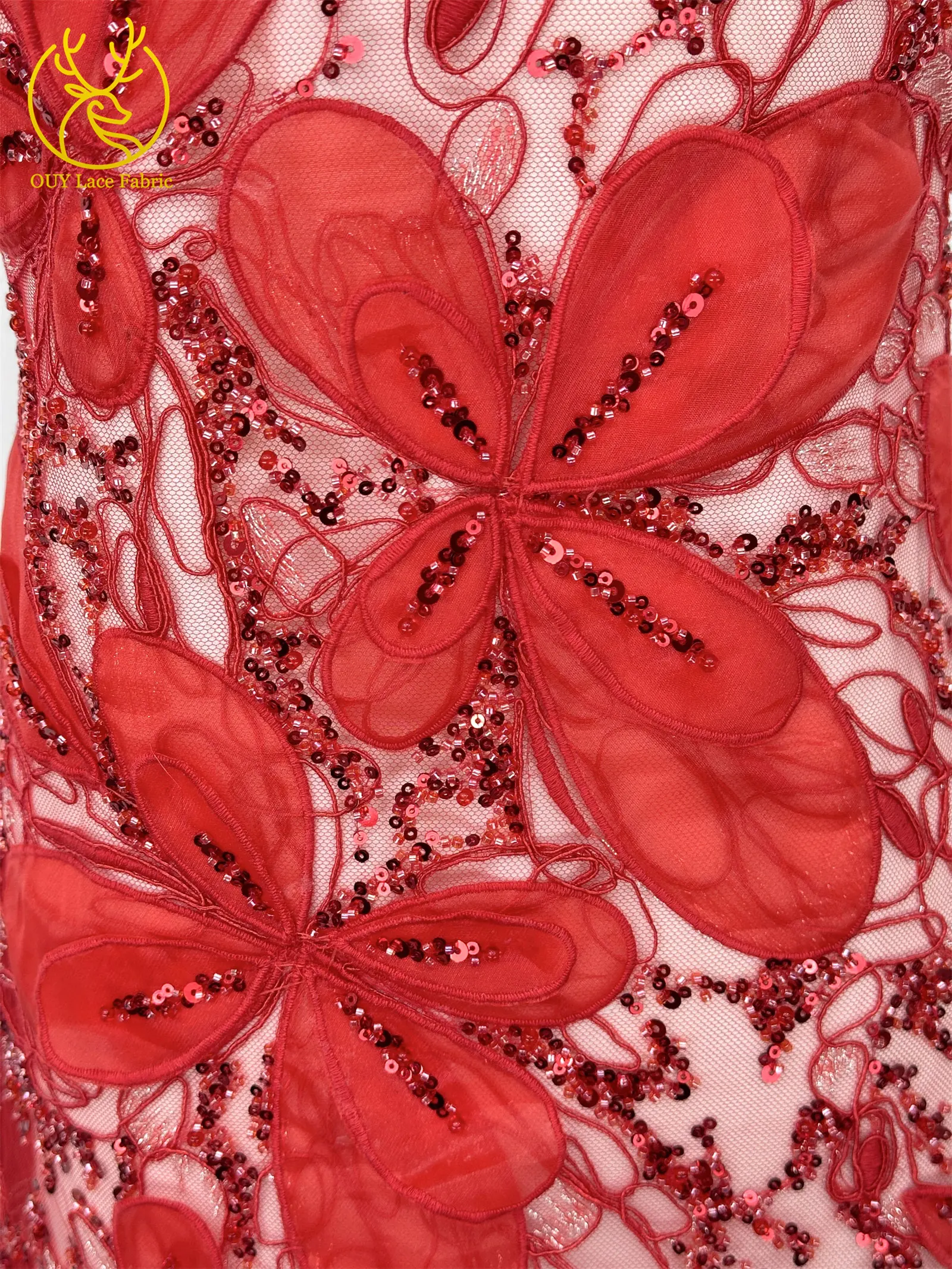 Roter Afrikanischer Hochwertiger Handgefertigter 3D-Stickerei-Netzstoff 2026 Hochwertige Nigerianische Perlen-Pailletten-Spitze zum Nähen von Partykleidern – Detail 18