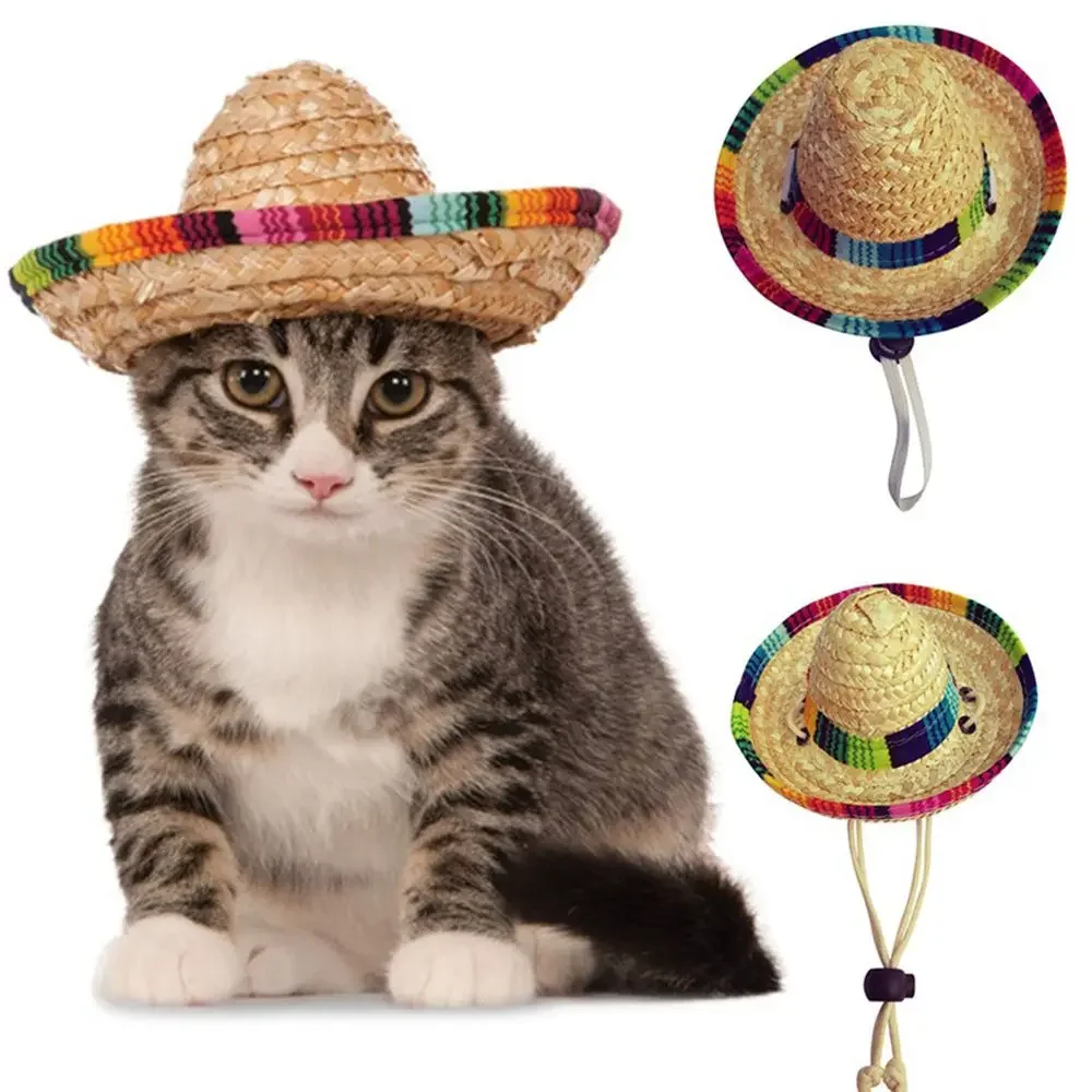 Puppy Cat Straw Woven Sun Hat  Mexican Sombrero Cute Adjustable Dogs Costume Pet Supplies Dog sun hat straw Dog wig Mini hats