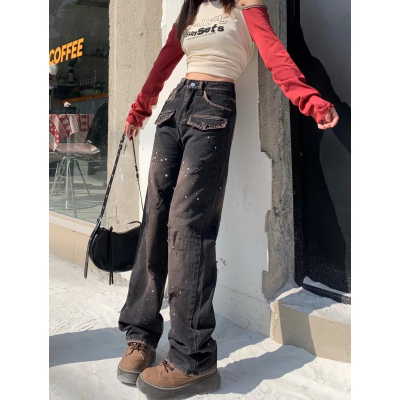 

Black Jeans Women High Quality American Wide Leg Pants Fashion Y2K Hip Hop Vintage Female 2024 NEW Autumn Straight Trouser