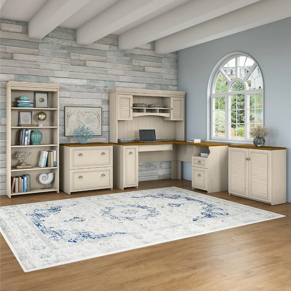 

60W L Shaped Desk with Hutch, File Cabinet, Bookcase and Storage in Antique White and Tea Maple