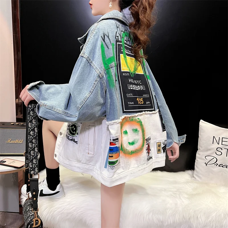 Jeans Jacket Women Streetwear Fashion Spliced Graffiti Print Denim Jacket Pocket Lapel Loose Patchwork Hip Hop Jeans Coat Female