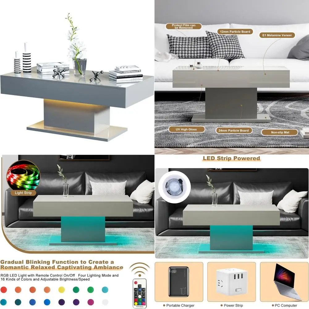 

Modern Rectangular High Gloss Wooden Coffee Table with 16 Color LED Lights for Living Room Centerpiece