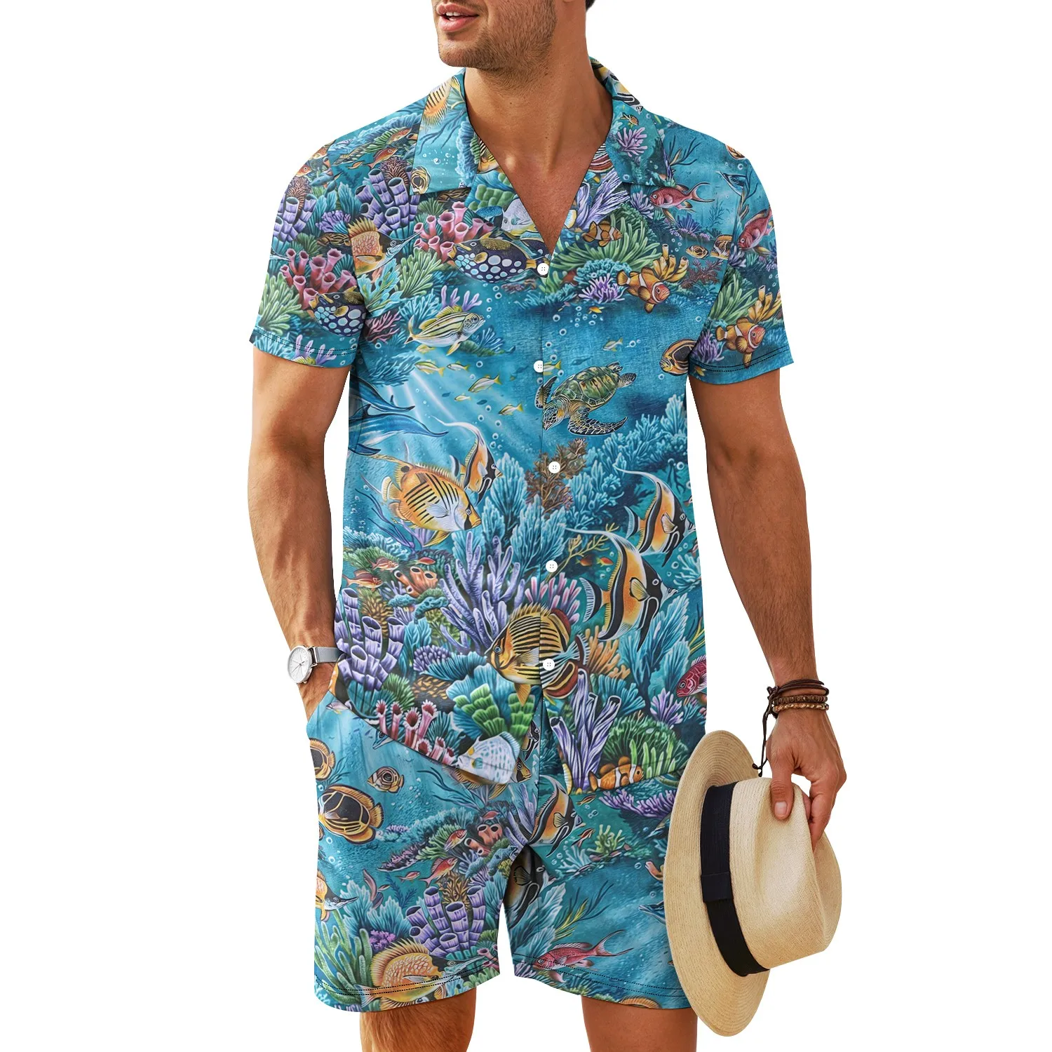 

2025 3D Tropical Plants Print Men's Shirts Sets Hawaiian Beach Vacation Short Sleeve Shorts 2 Piece Summer Fashion Casual Suit