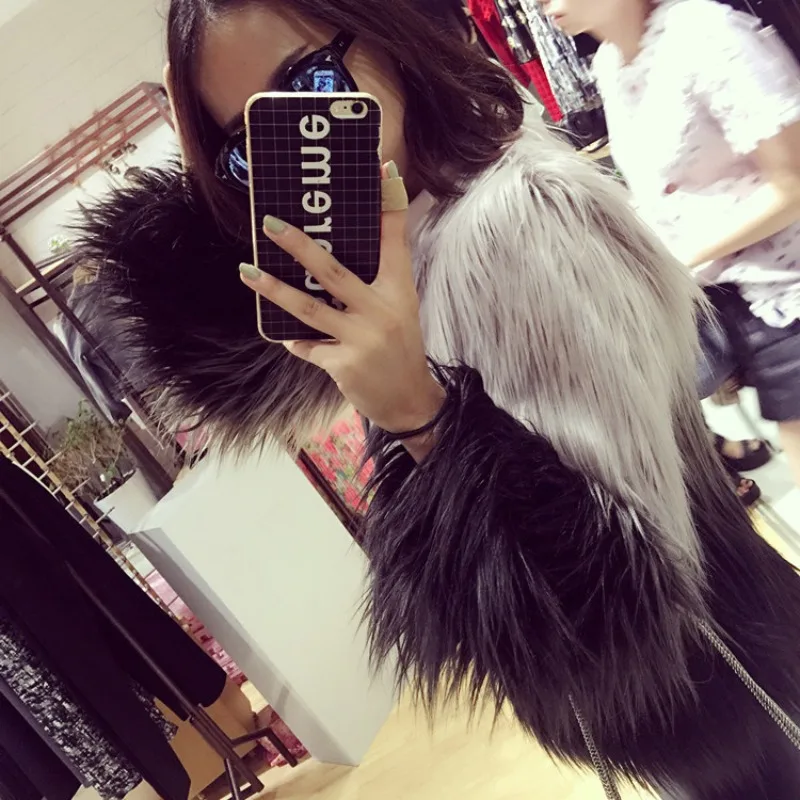 2023 Autumn Winter New Women Faux Fur Coat Loose large Size Crew Neck Short Outwear Fashion Gradient Color Leisure Warm Jacket