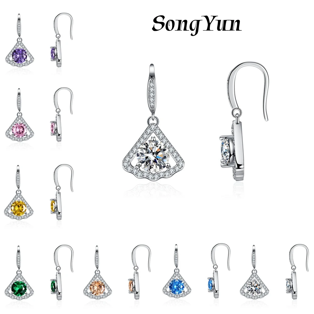 

SY Luxury Jewelry s925 925 Sterling Silver Earrings Drop Fashon Round CZ Gemstones Drop Pendant Triangle Earrings Jewelry