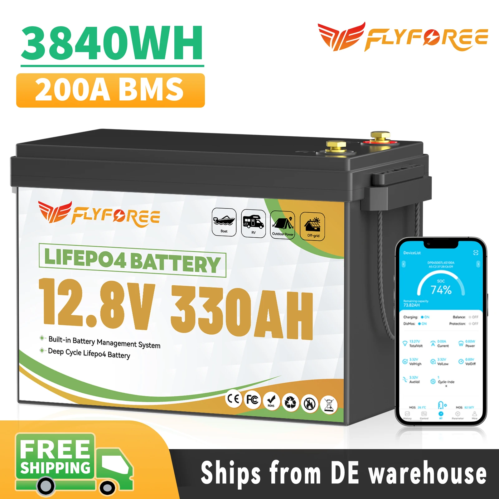 FLLYROWER 12V 330Ah LiFePO4 Lithium-Akku mit 200A BMS Bluetooth 8000+ Zyklen für Wohnmobil, Wohnmobil, Off-Road, Outdoor, Heimaufbewahrung