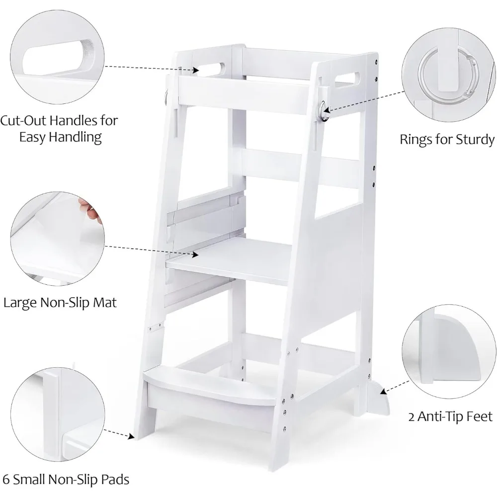 Bamboo Toddler Kitchen Step Stool White Helper Standing Tower Height Adjustable with Anti-Slip Protection