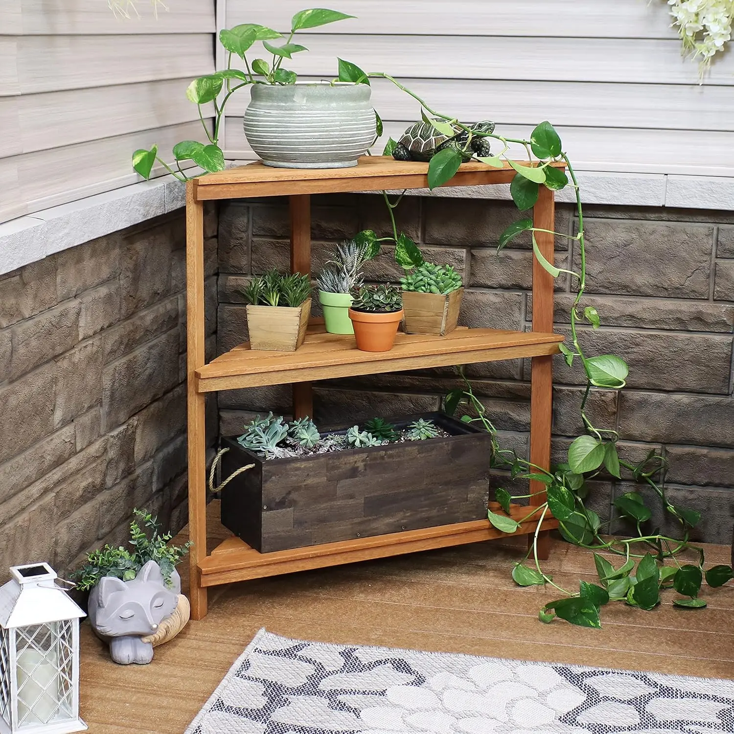 Wood 3-Tier Corner Plant Stand Shelves with Teak Oil Finish - Indoor/Outdoor Wooden Planter Furniture - Potted