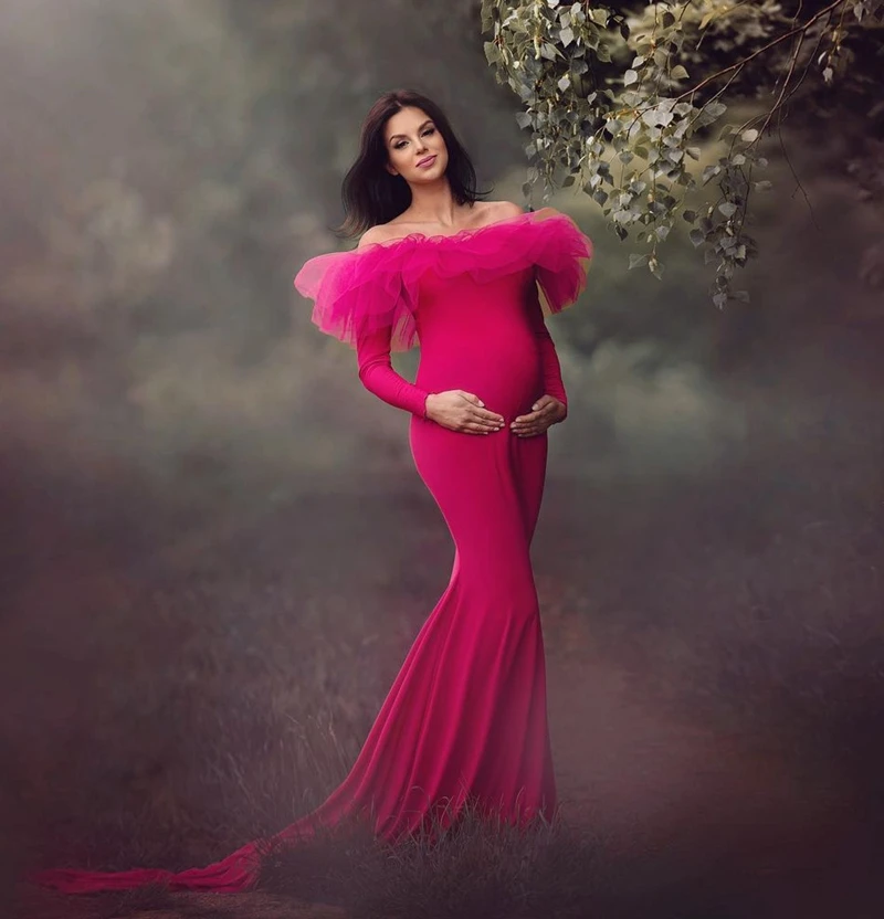 

Off The Shoulder Spandex mermaid Pregnancy Dresses Pretty Rose Red Long Maternity Dress For Photography Tulle Ruffles Party Gown