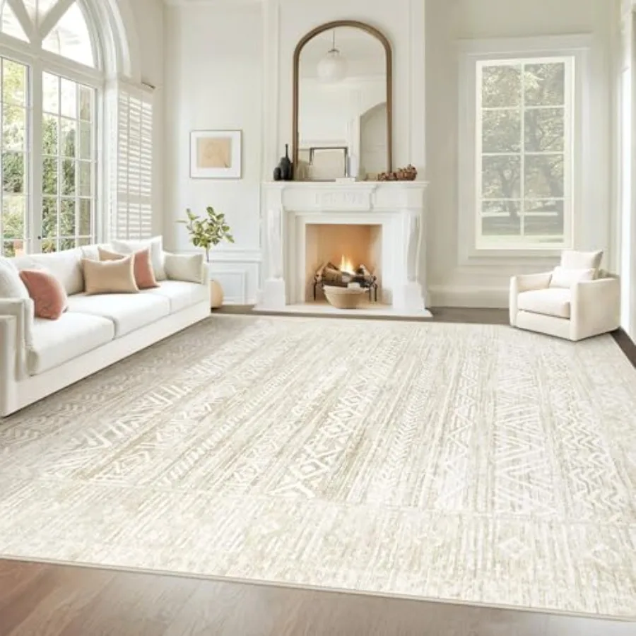 

Living Room Rugs 8x10: Washable Moroccan Geometric Boho Rug Farmhouse Non-Slip Stain Resistant Low-Pile Soft Carpet in Ivory Be